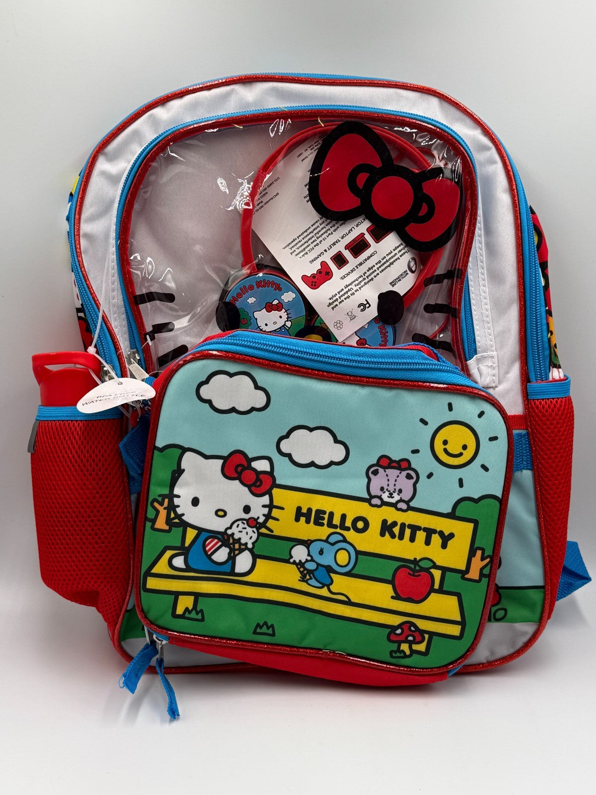 NWT Sanrio Hello Kitty Girls 4pc Backpack Set Lunch Box Headphones Water Bottle