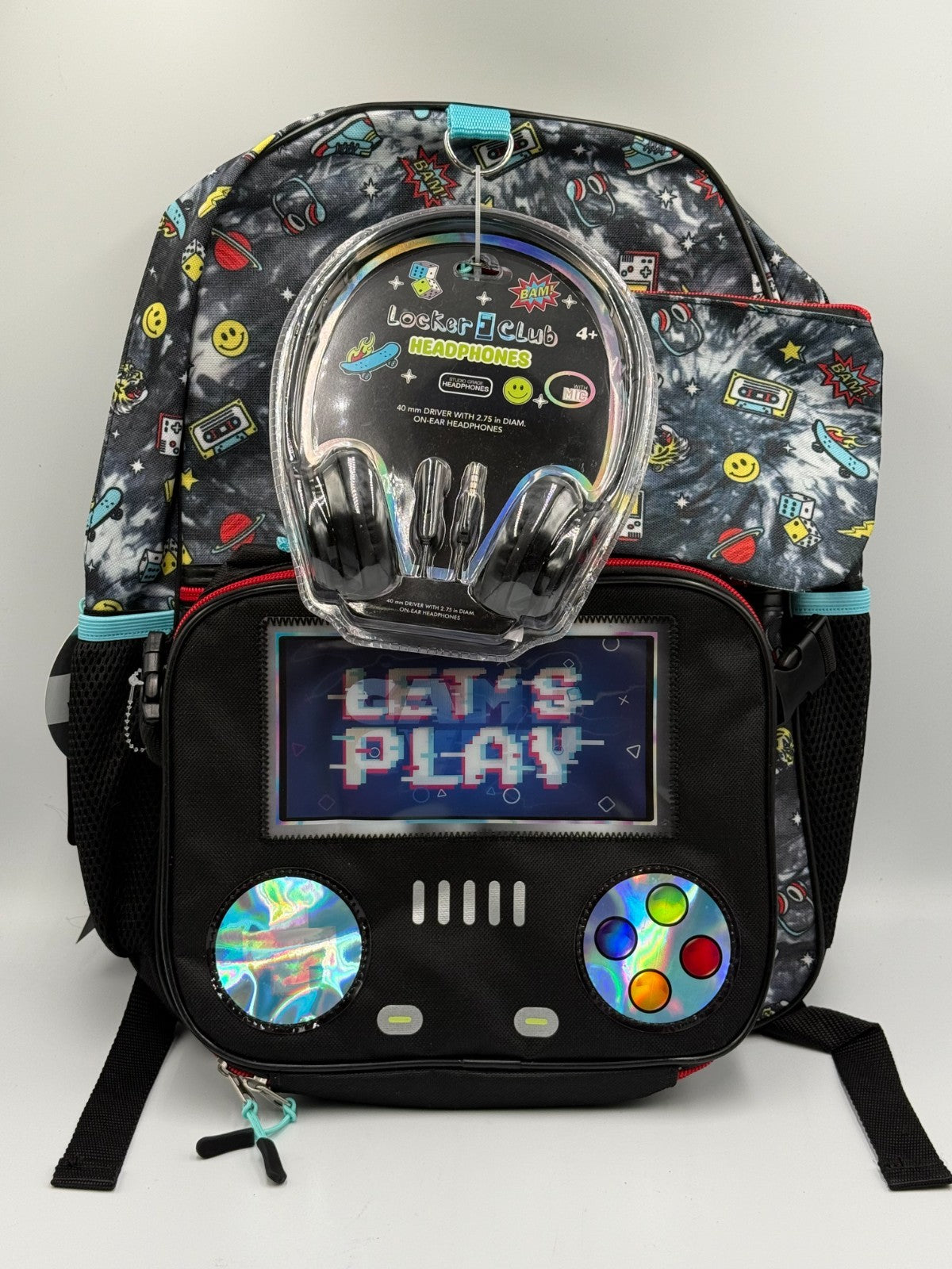 Locker Club Kids Gamer School Backpack Let's Play Controller Print W/Headphones