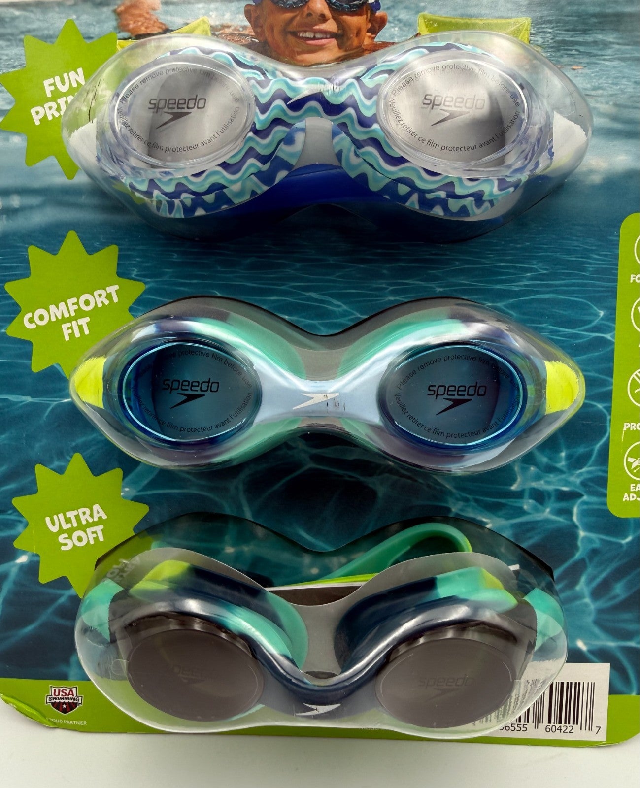 New Speedo Swim Goggles Kids 3-10 Blue Anti-Fog 100% UV Protection - Pack Of 3