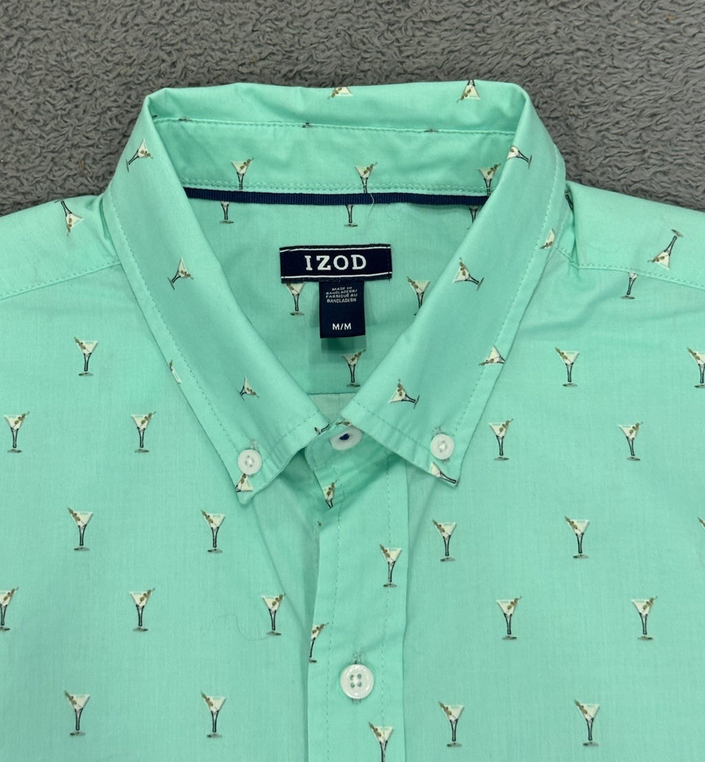 Izod Men's Short Sleeve Button Down Ice Green Breeze Woven Martini Size M NEW
