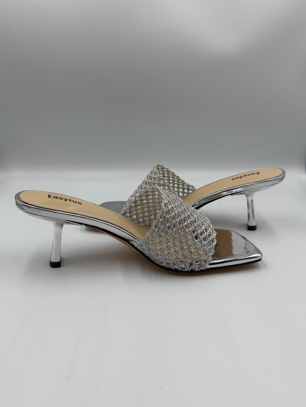 NWB Easyfox Square Toe Stiletto Heeled Slip-On Sandals Women 10 Silver Open Toe