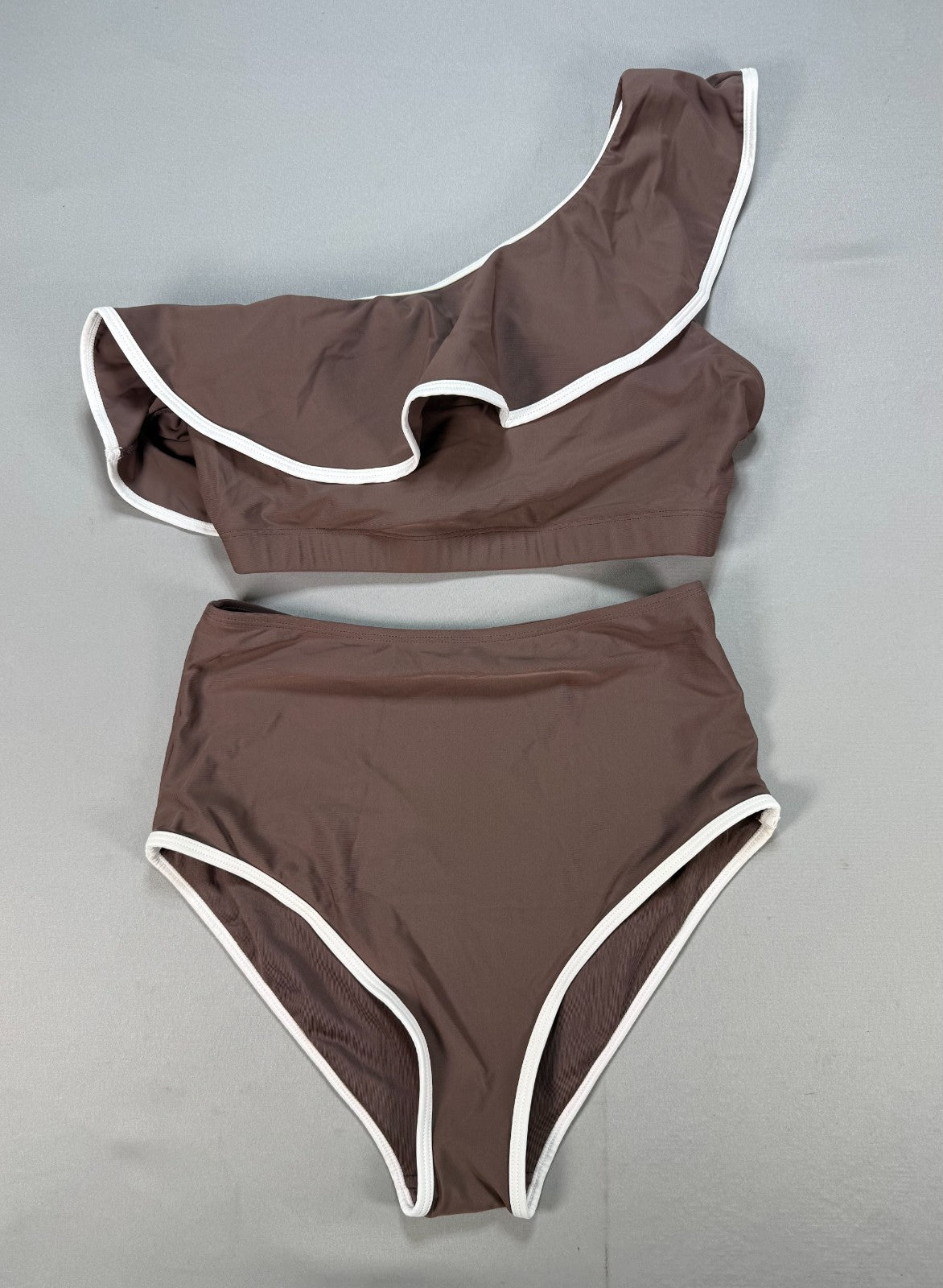 New Herseas One Shoulder Bikini Set Women's Small Brown Ruffle Trim Swimsuit