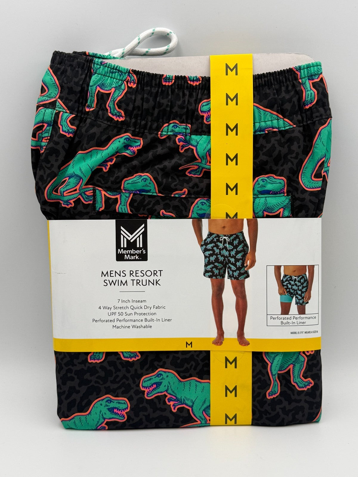 NWT Member's Mark Resort Swim Trunks Men's Medium Black Dinosaur Print 7" Inseam