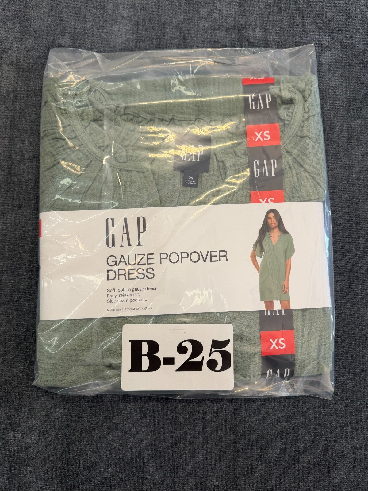 NWT Gap Gauze Popover Dress Women XS Green Short Sleeve Deep V-Neck 100% Cotton
