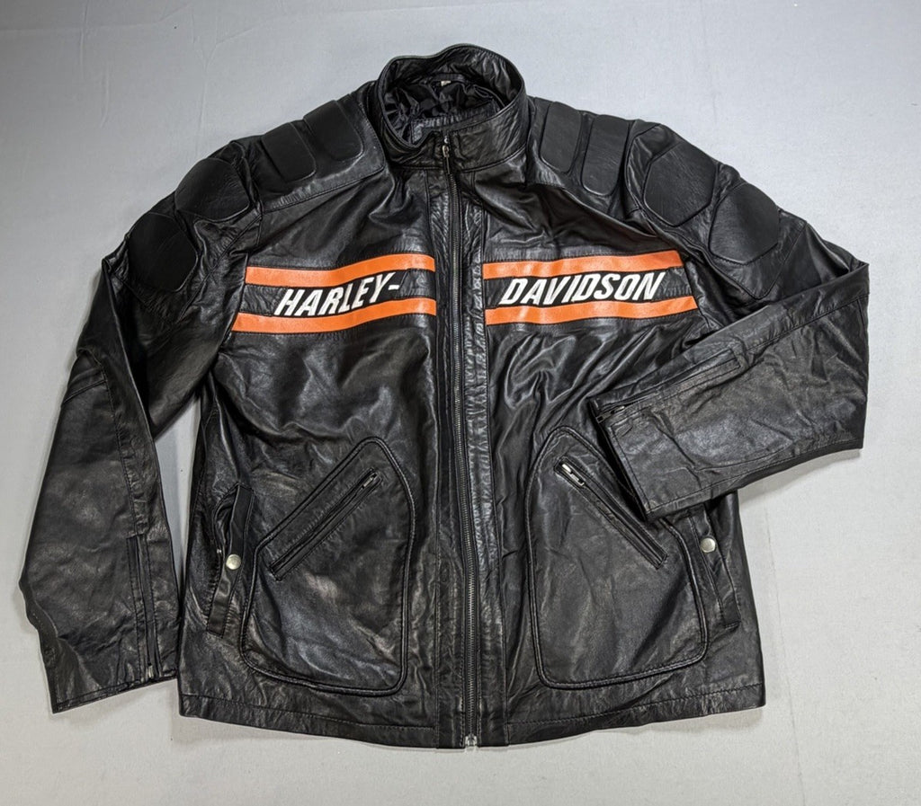 Real Leather Harley Davidson Embroidered Mens Large Motorcycle Biker Jacket