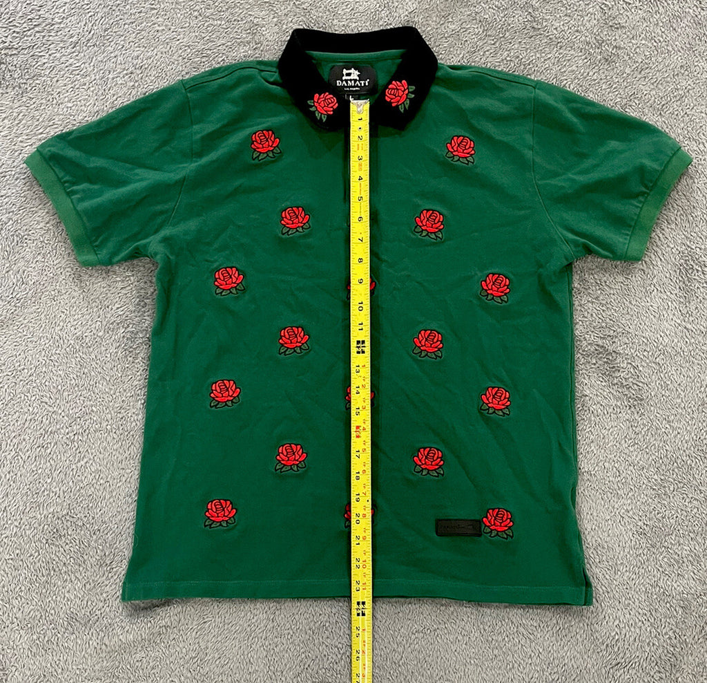 Damati Men's Size Large (L) Polo Short Sleeve Roses Embroidered Green Cotton