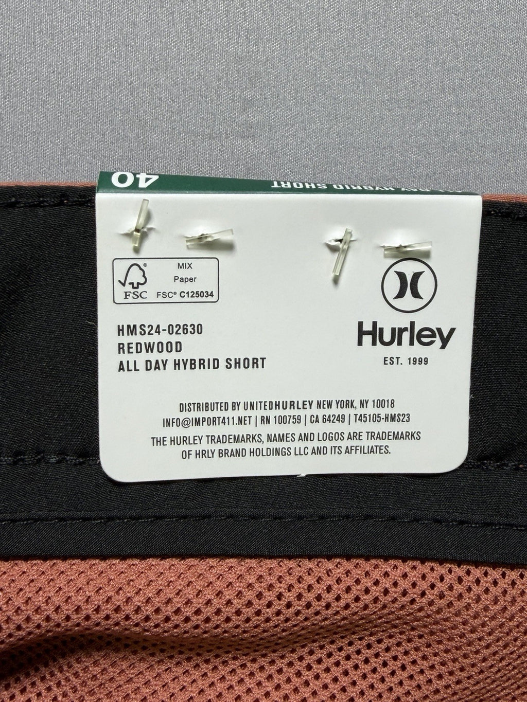 NWT Hurley All Day Hybrid Short Men's Size 40 Redwood Rust 4-Way Stretch Comfort