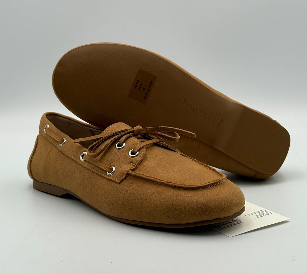 New The Drop Lace Details Boat Shoes Women's 6.5 Tan Faux Suede Slip-On Comfort