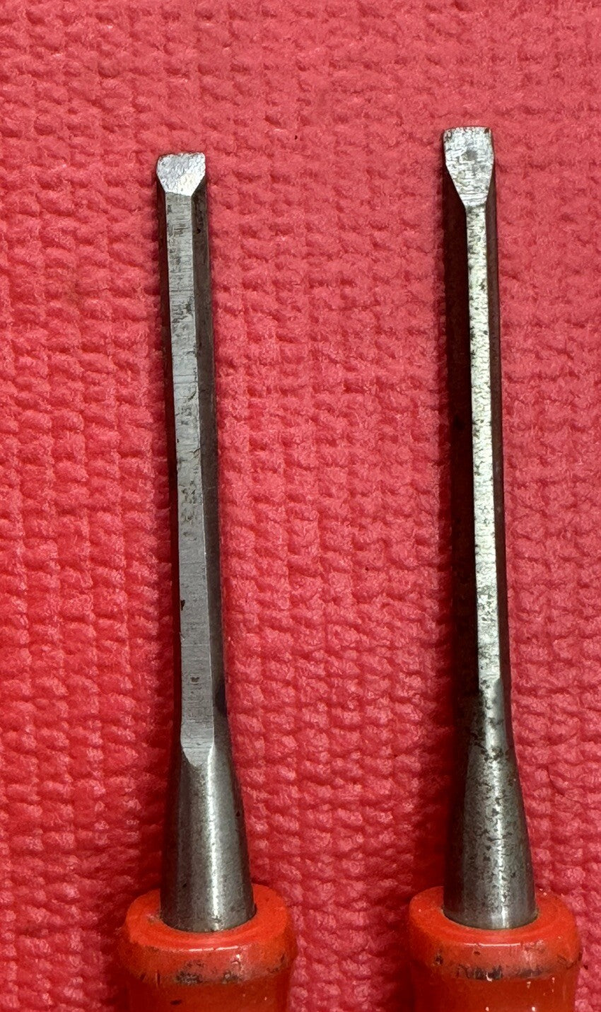 Vintage Stanley Tools 2 PC Wood Chisel clear yellow & Red handle Set Made in USA