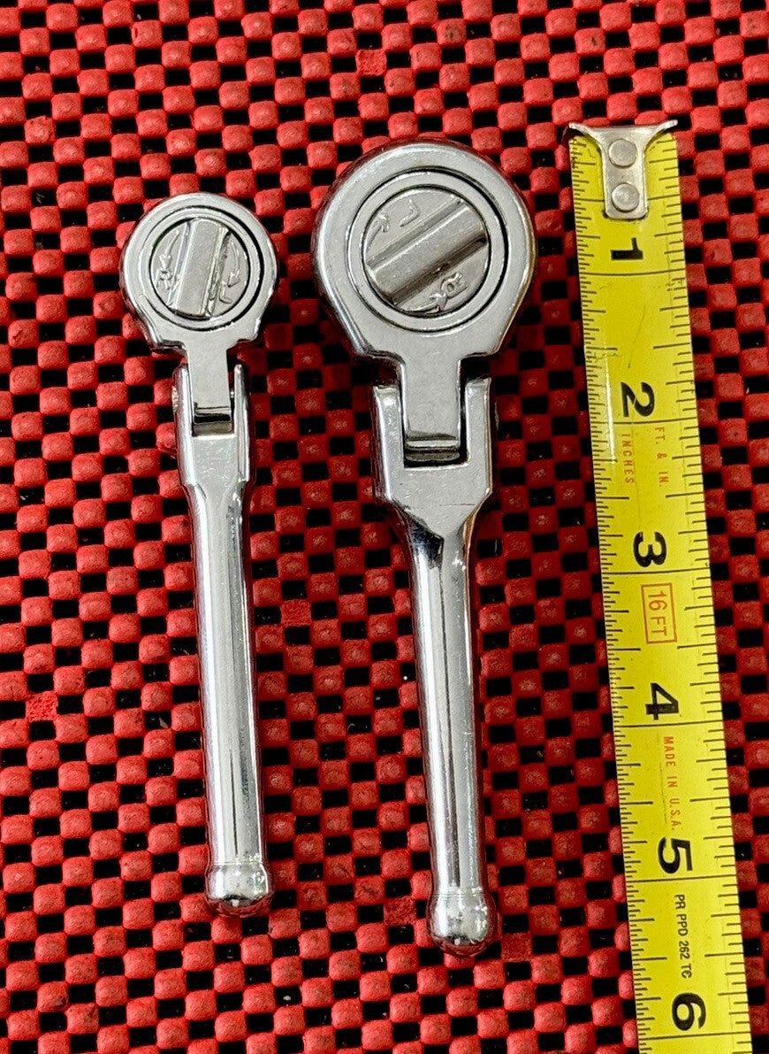 Vintage Chrome Vanadium 2pc Set Stubby Flex-Head  Ratchet 1/4",3/8” Drive SET N3