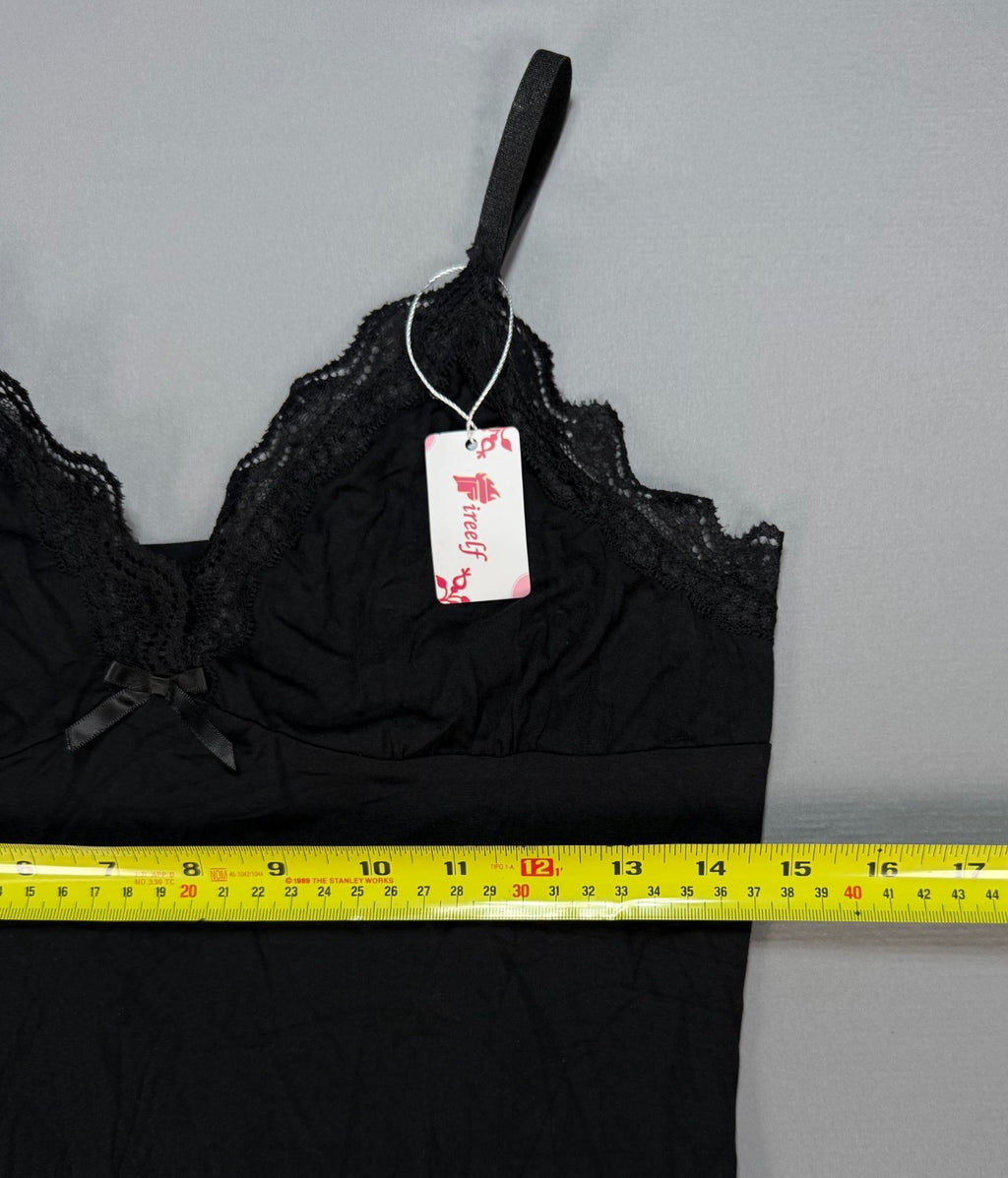 Fireelf Lace Trim Cami V-Neck Top Women's Small Black Spaghetti Strap Sleepwear