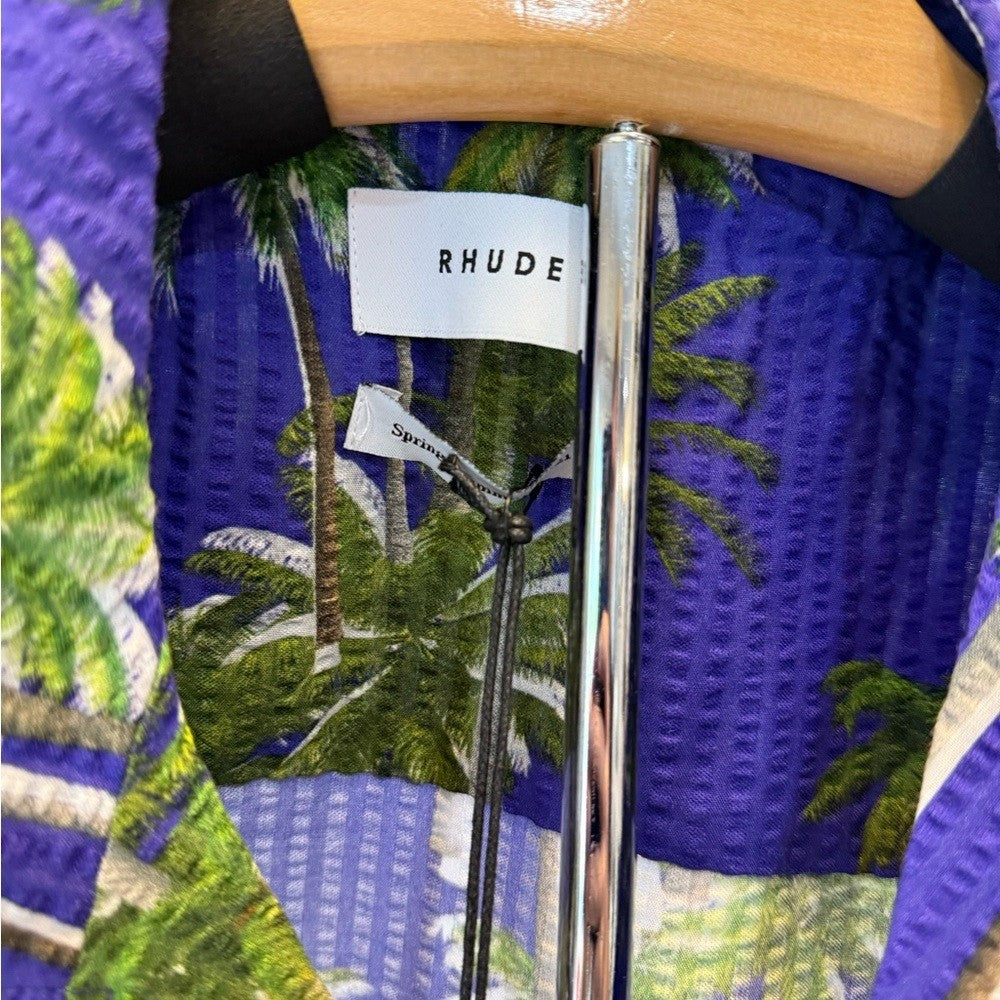 Rhude Searsucker Hawaiian Blue Palm Tree Print Men's Shirt Size Large New