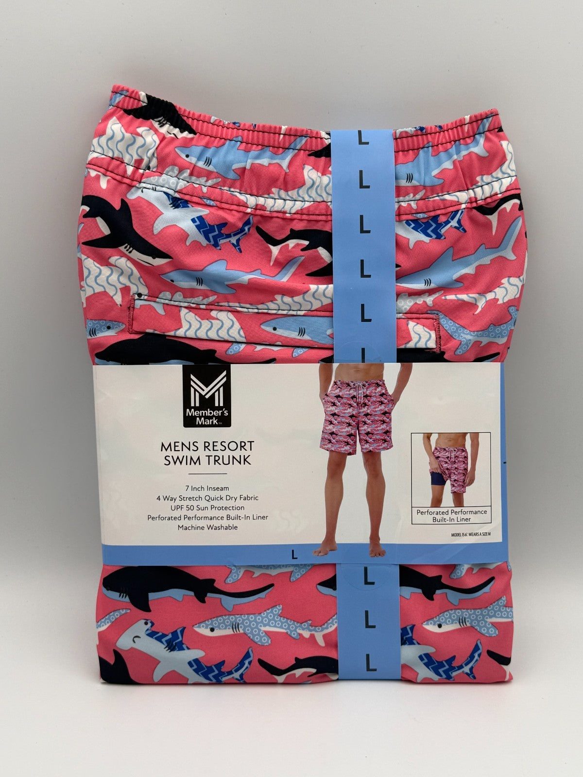 NWT Member's Mark Resort Swim Trunk Men Large Pink Shark Print UPF 50 7" Inseam