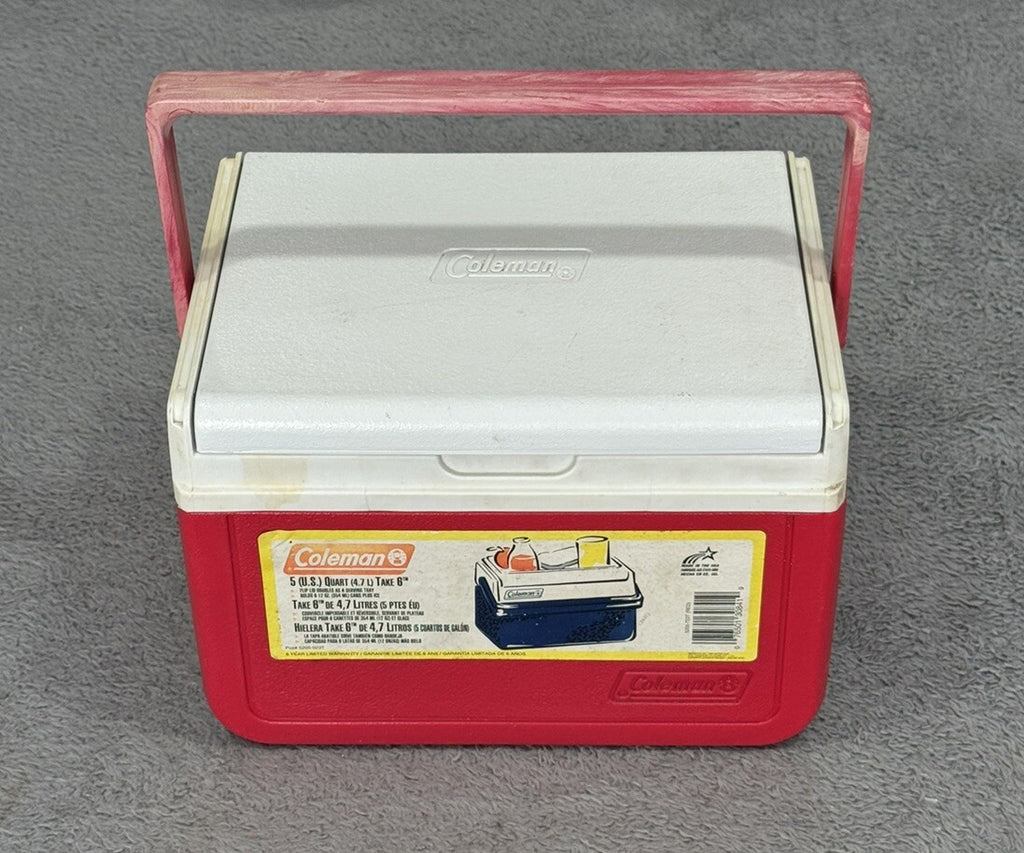 Vintage Coleman Red Flip Top Lid Personal Mini Cooler 5205, 6 Pack Lunchbox