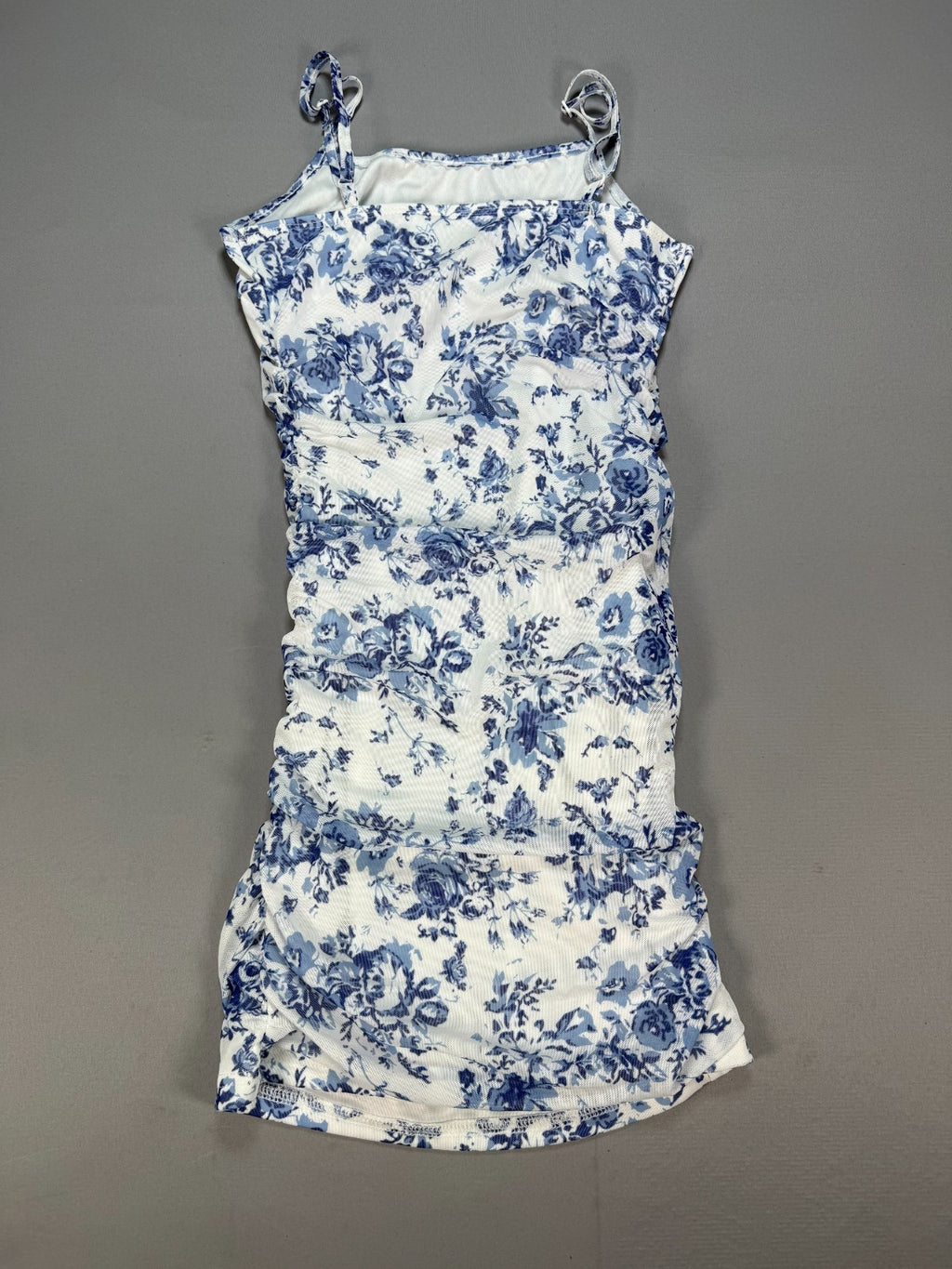 Girls Floerns Ruched Bodycon Dress 11Y Blue White Floral Cami Spaghetti Strap
