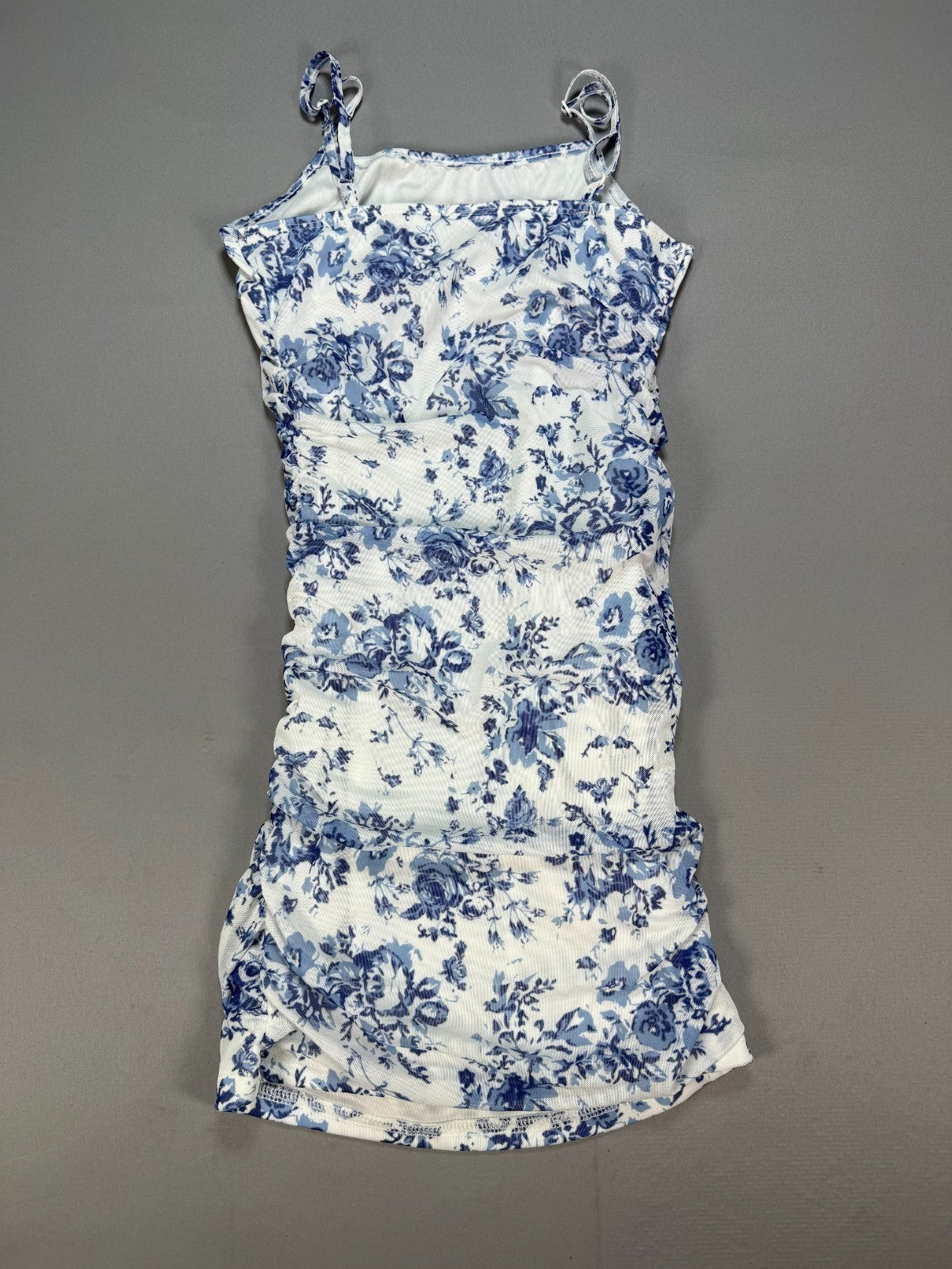 Girls Floerns Ruched Bodycon Dress 11Y Blue White Floral Cami Spaghetti Strap
