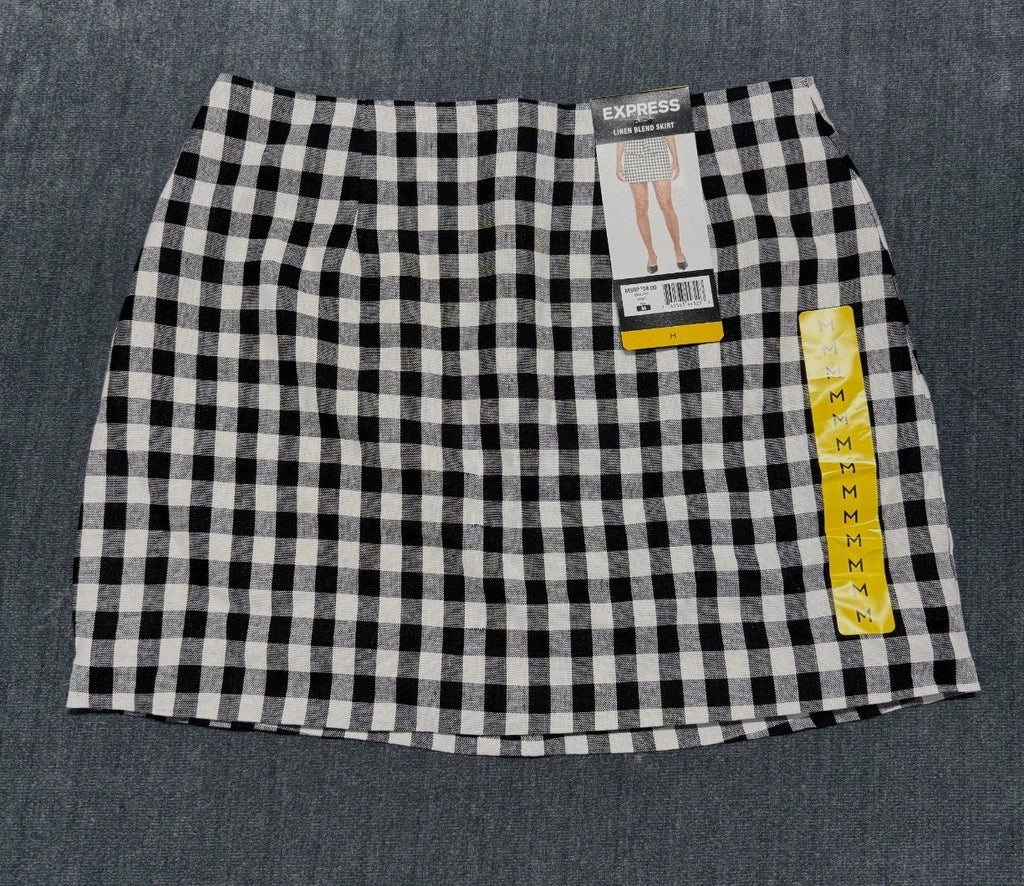 Express Linen Blend Mini Skirt Women's Medium White/Black Gingham Pleated Preppy