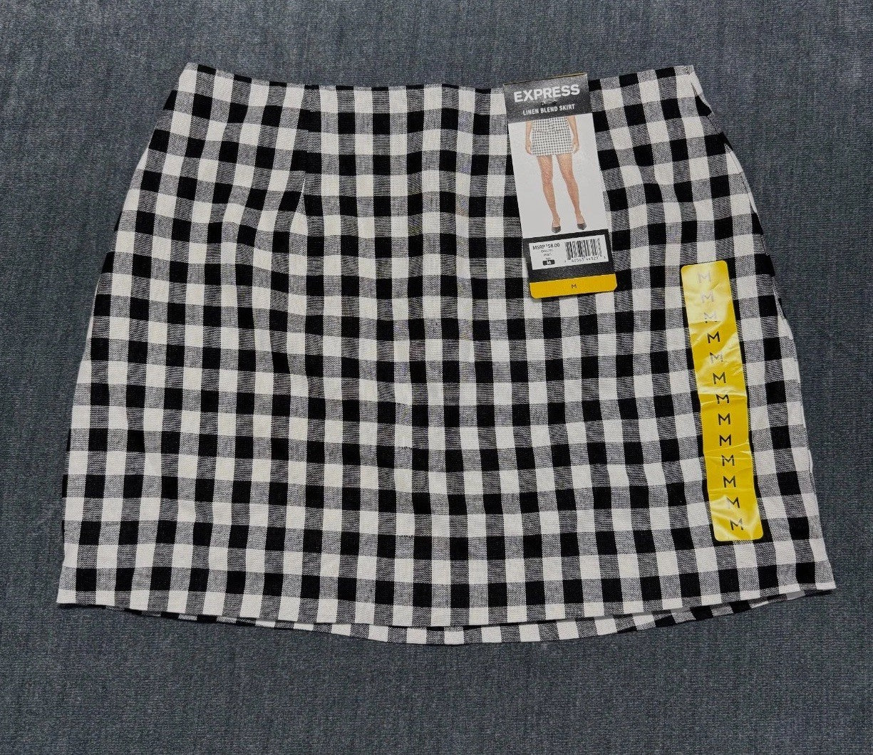 Express Linen Blend Mini Skirt Women's Medium White/Black Gingham Pleated Preppy