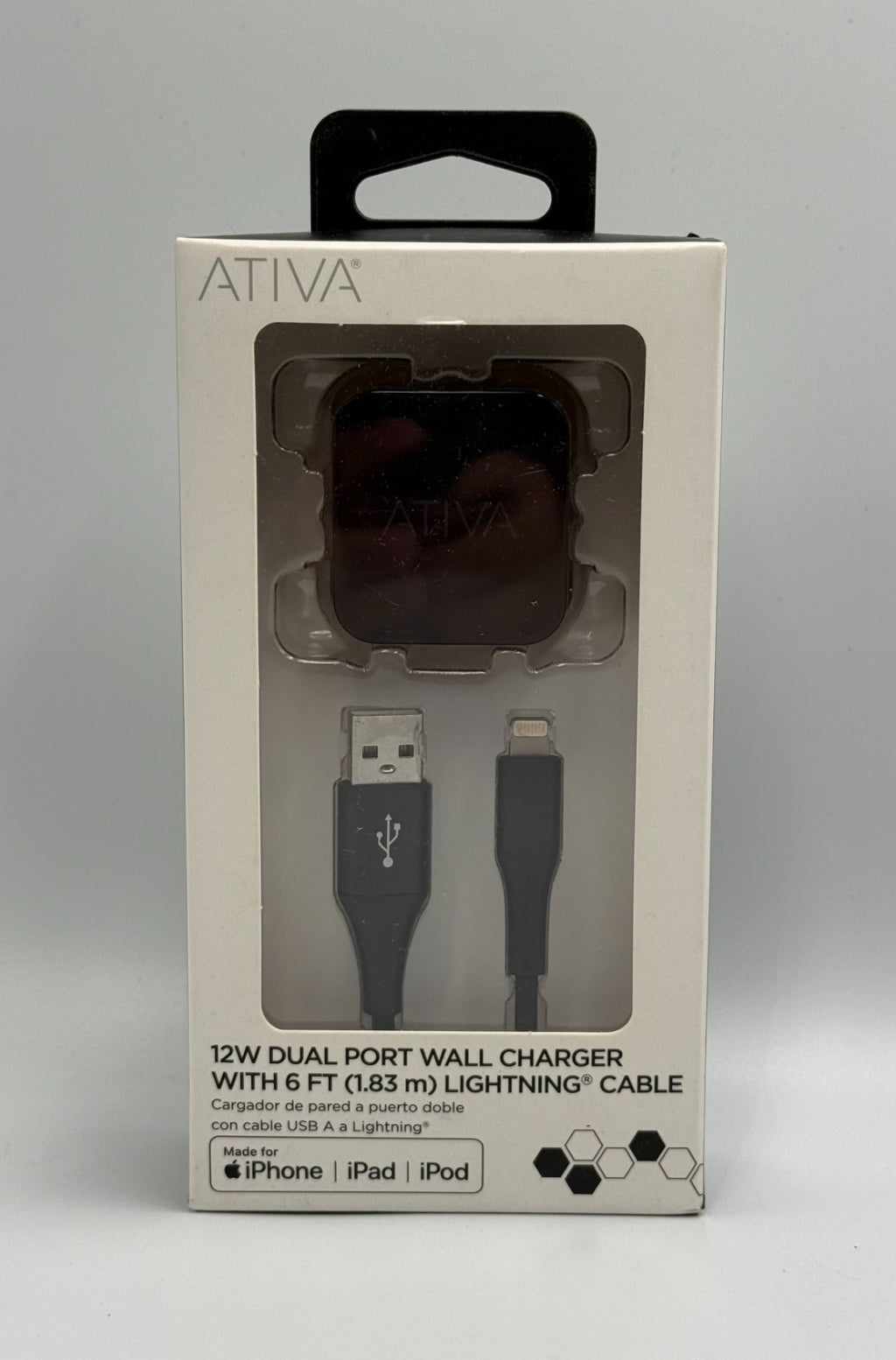 Ativa 12W Dual Port Wall Charger With 6 FT Fast-Charger Cable Black iPhone iPad