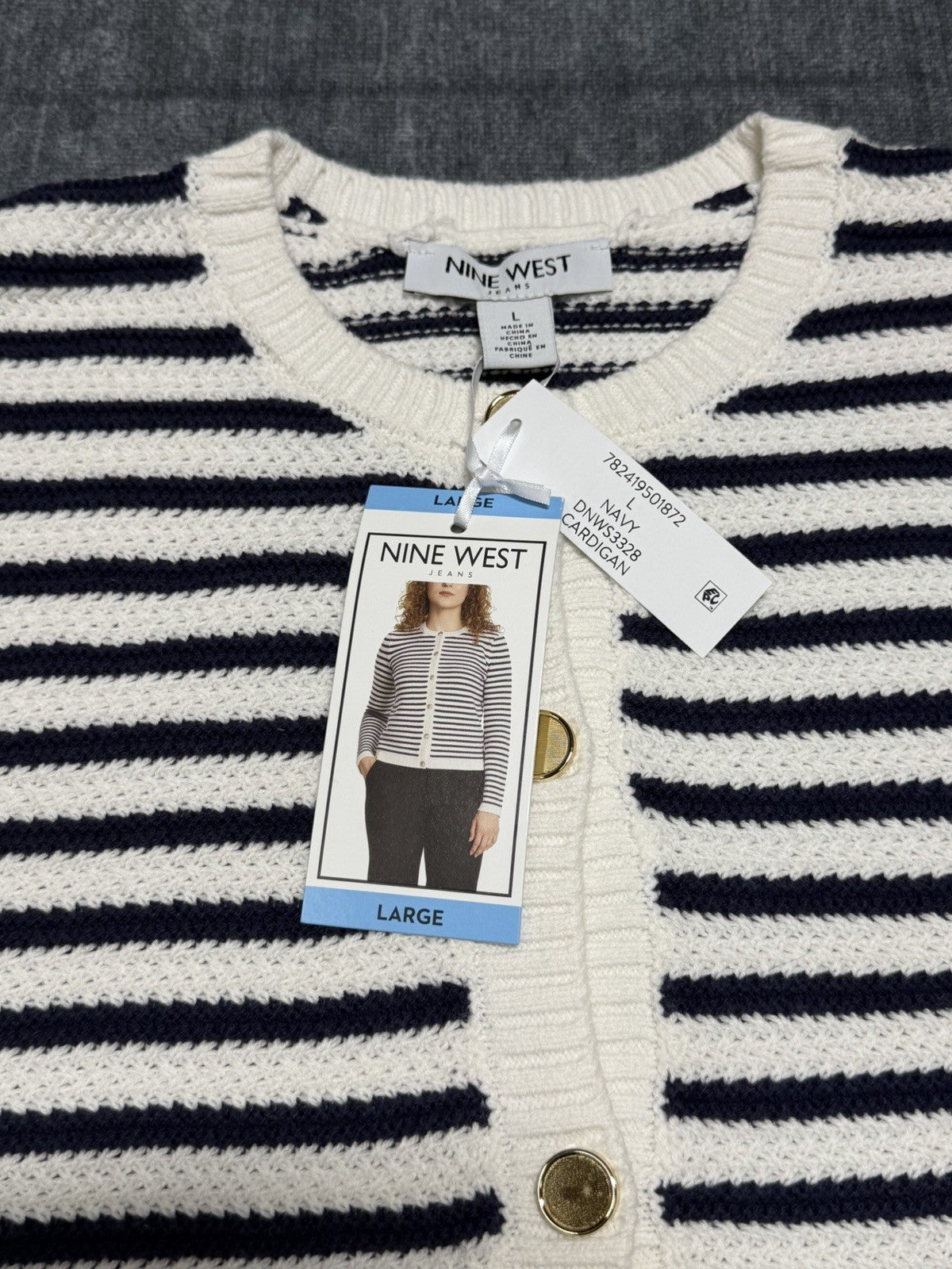 NWT Nine West Cropped Cardigan Sweater Women's Large White Navy Striped Classic