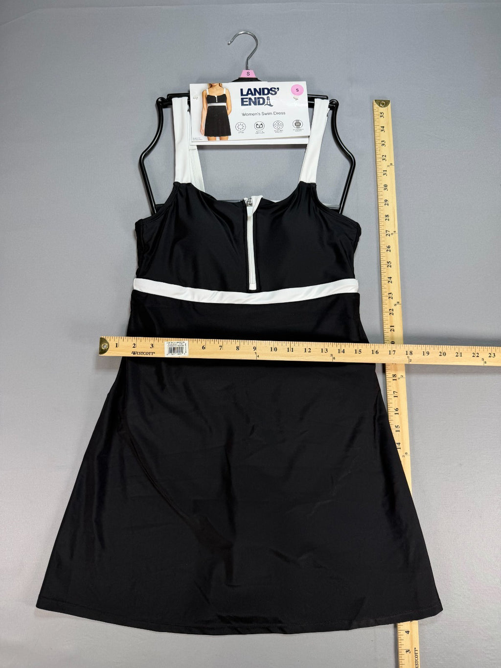 NWT Lands' End Zip Front Swim Dress Women's Small Black White Sleeveless Summer