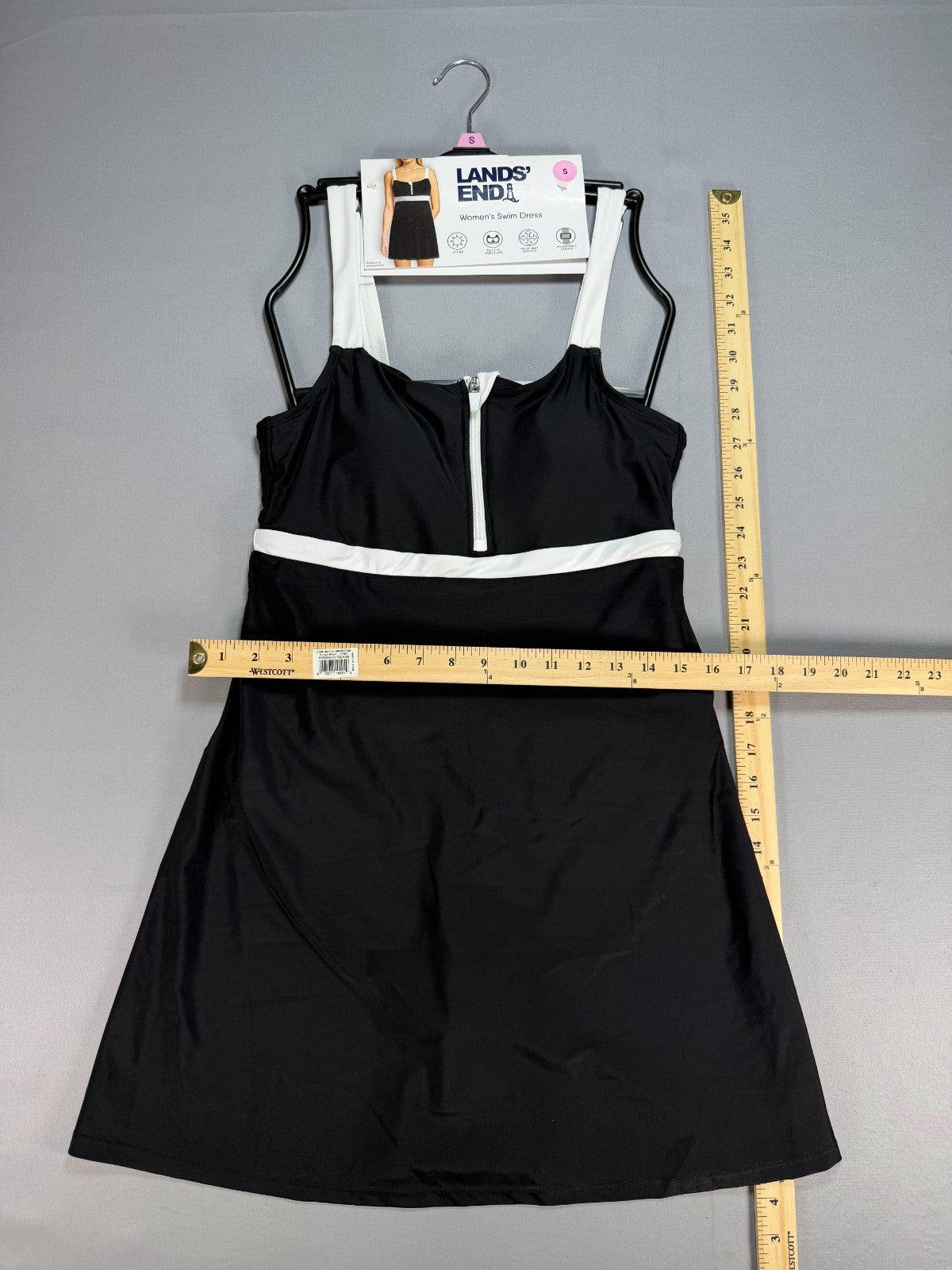 NWT Lands' End Zip Front Swim Dress Women's Small Black White Sleeveless Summer