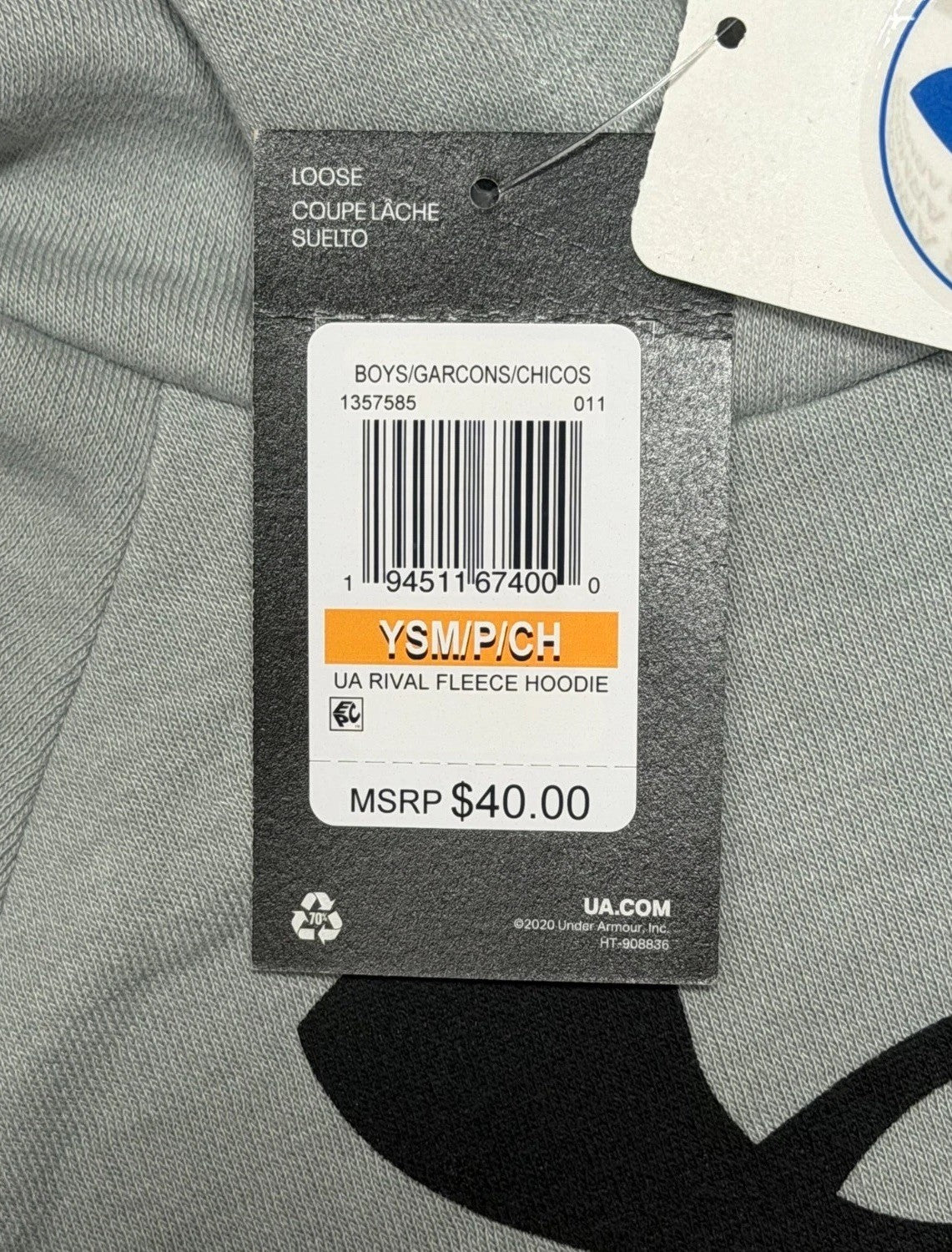 NWT Under Armour Rival Big Logo Fleece Hoodie Boys Small Light Grey Long Sleeve