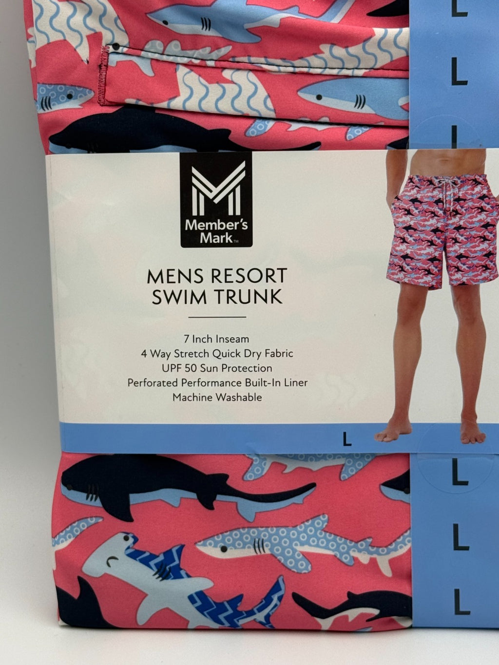 NWT Member's Mark Resort Swim Trunk Men Large Pink Shark Print UPF 50 7" Inseam