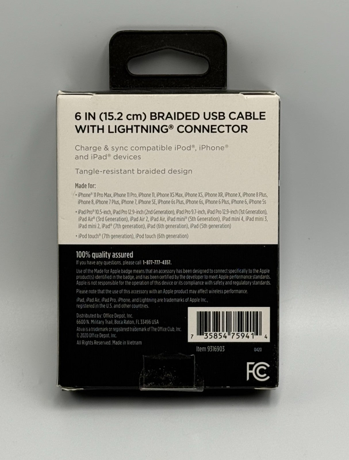 New Ativa 6-in Black Braided USB to Fast Cable For Apple iPhone iPad MFi