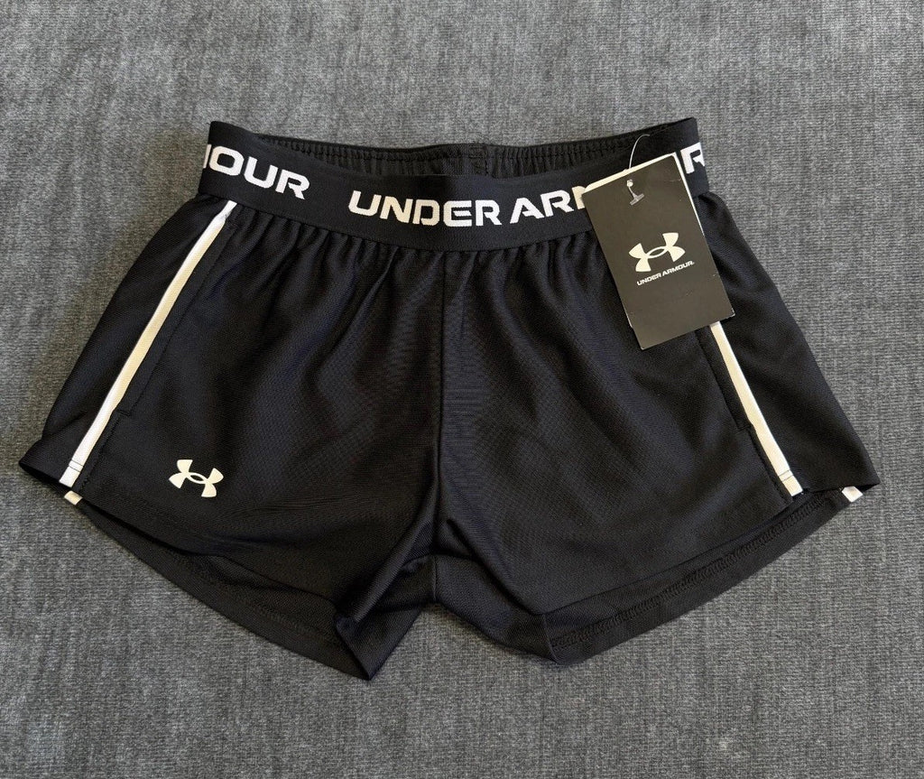 NWT Under Armour Tech Play Up Shorts Girls Small Black Drawstring 100% Polyester