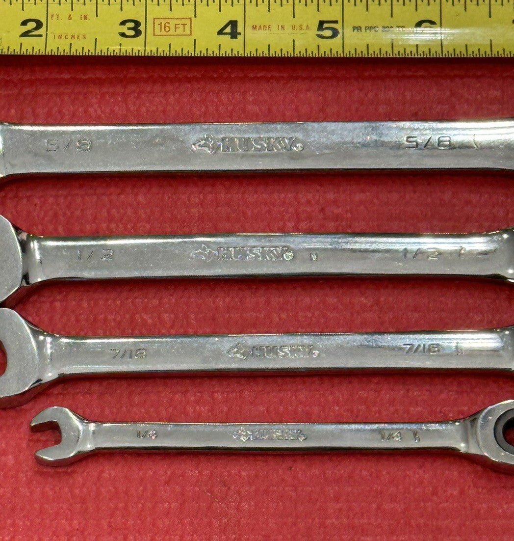 Vintage Husky Tools 4 PC SAE Ratcheting Combination Wrench Set 12PT