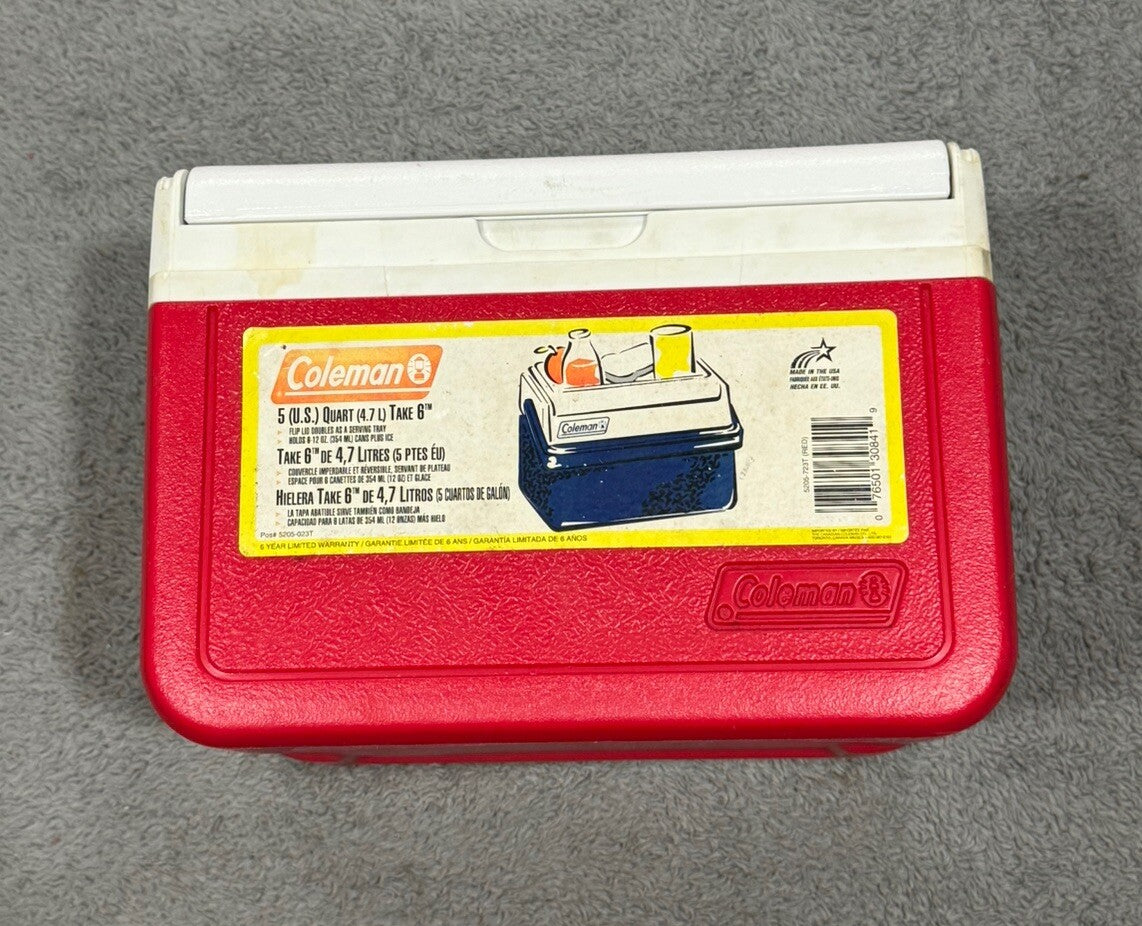 Vintage Coleman Red Flip Top Lid Personal Mini Cooler 5205, 6 Pack Lunchbox