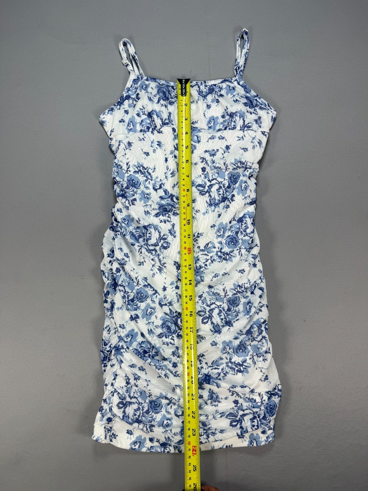 Girls Floerns Ruched Bodycon Dress 11Y Blue White Floral Cami Spaghetti Strap