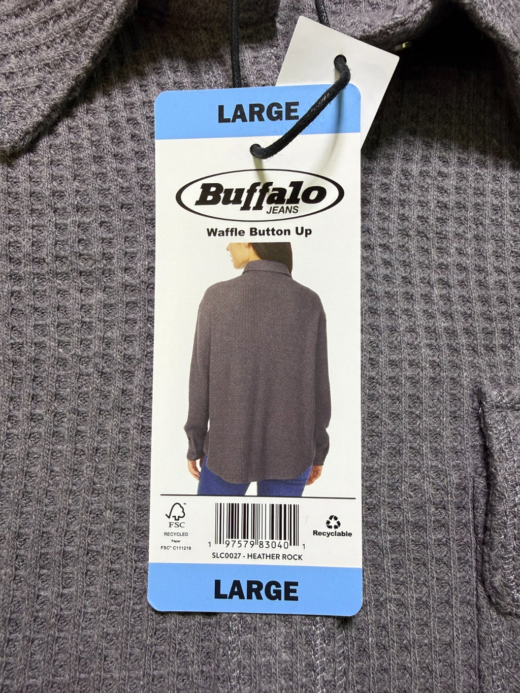 NWT Buffalo David Bitton Waffle Knit Button-UP Shirt Women's Large Gray Preppy
