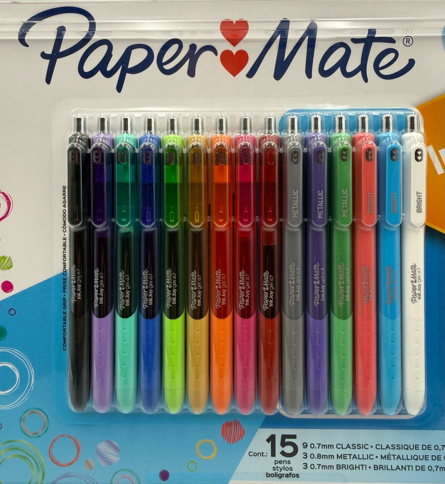 Paper Mate InkJoy Gel Pens Assorted Colors 0.7mm Medium 0.8mm Metallic - 15 Pack