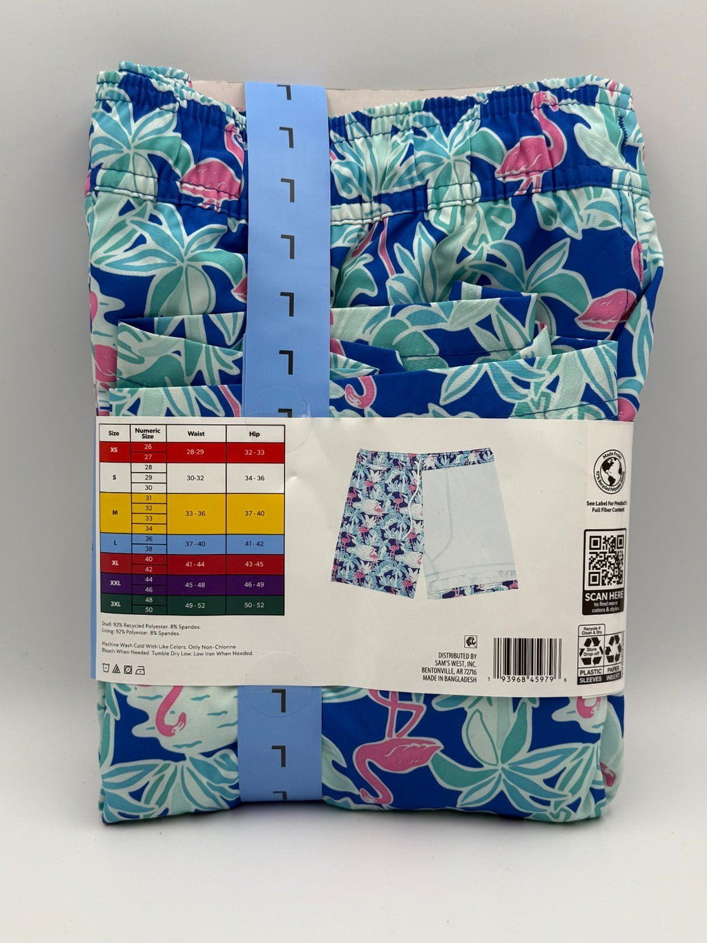 NWT Member's Mark Resort Swim Trunks Men Large Blue Flamingo Lined 4-Way Stretch