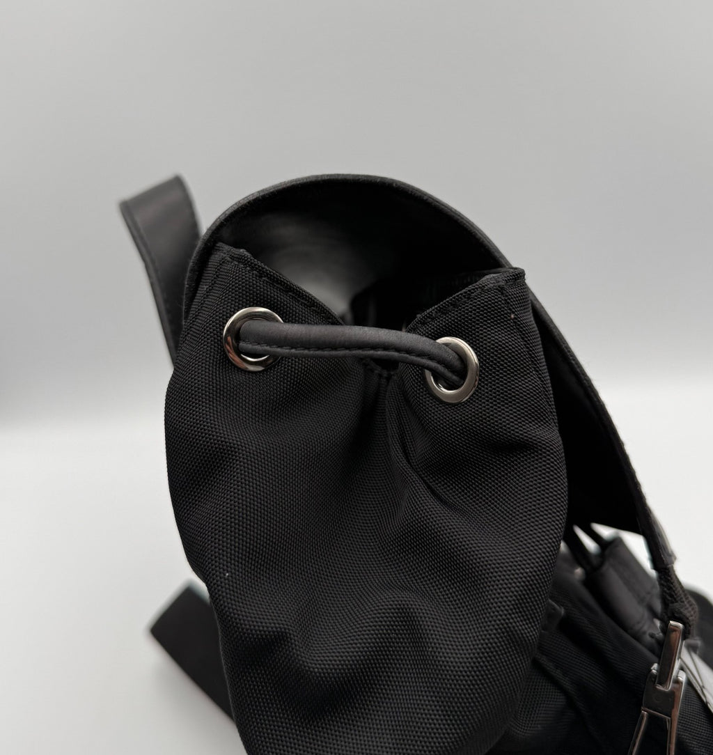 Gucci Backpack Unisex Nylon Leather Black Embossed Logo Flap Drawstring Buckle