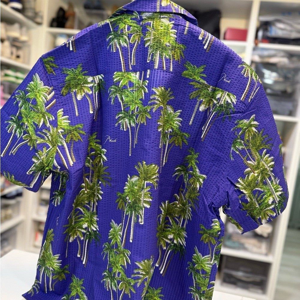 Rhude Searsucker Hawaiian Blue Palm Tree Print Men's Shirt Size Large New
