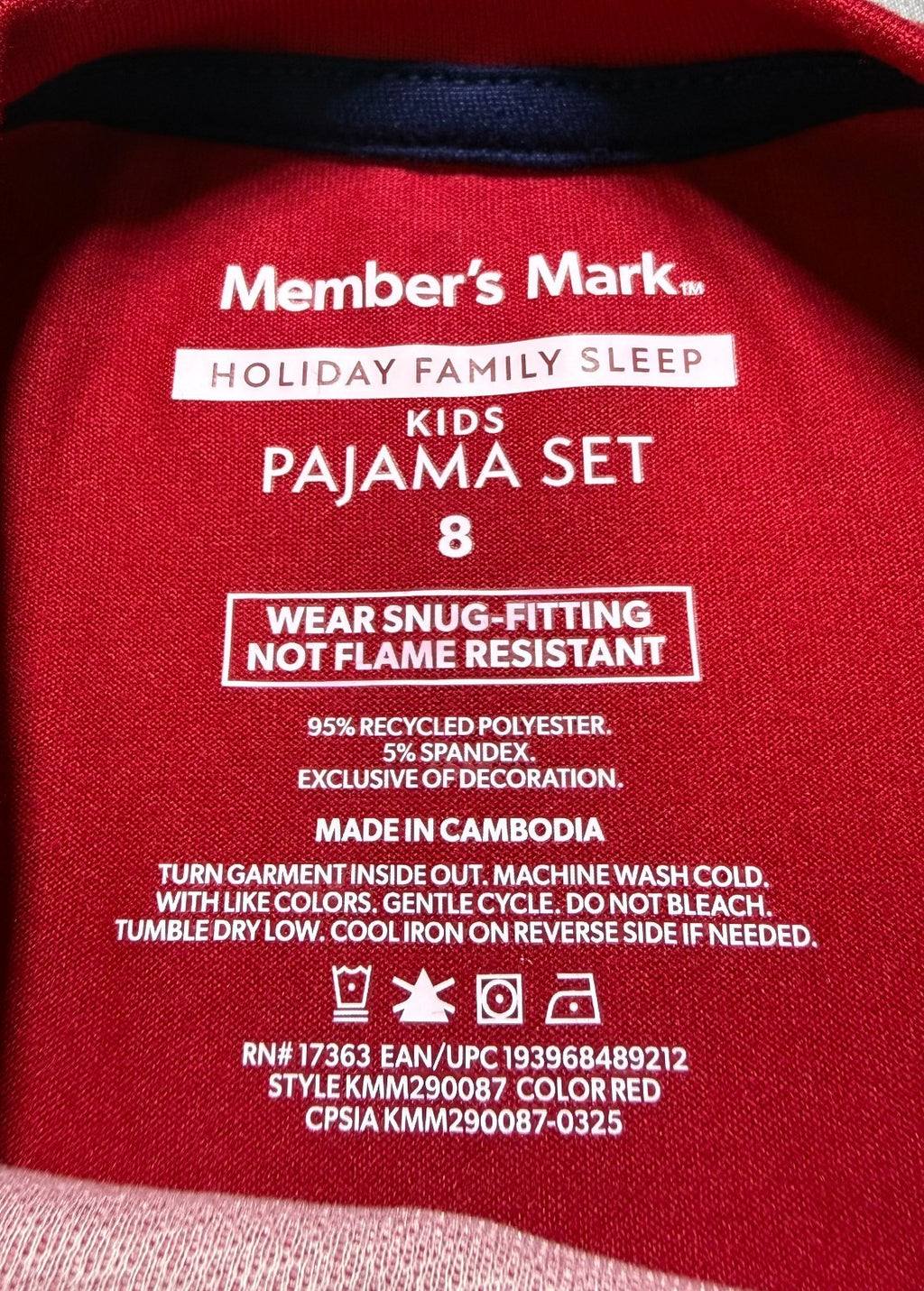 NWT Member's Mark Family Sleep 2-Piece Pajama Set Unisex Kids 8 Red Embroidered