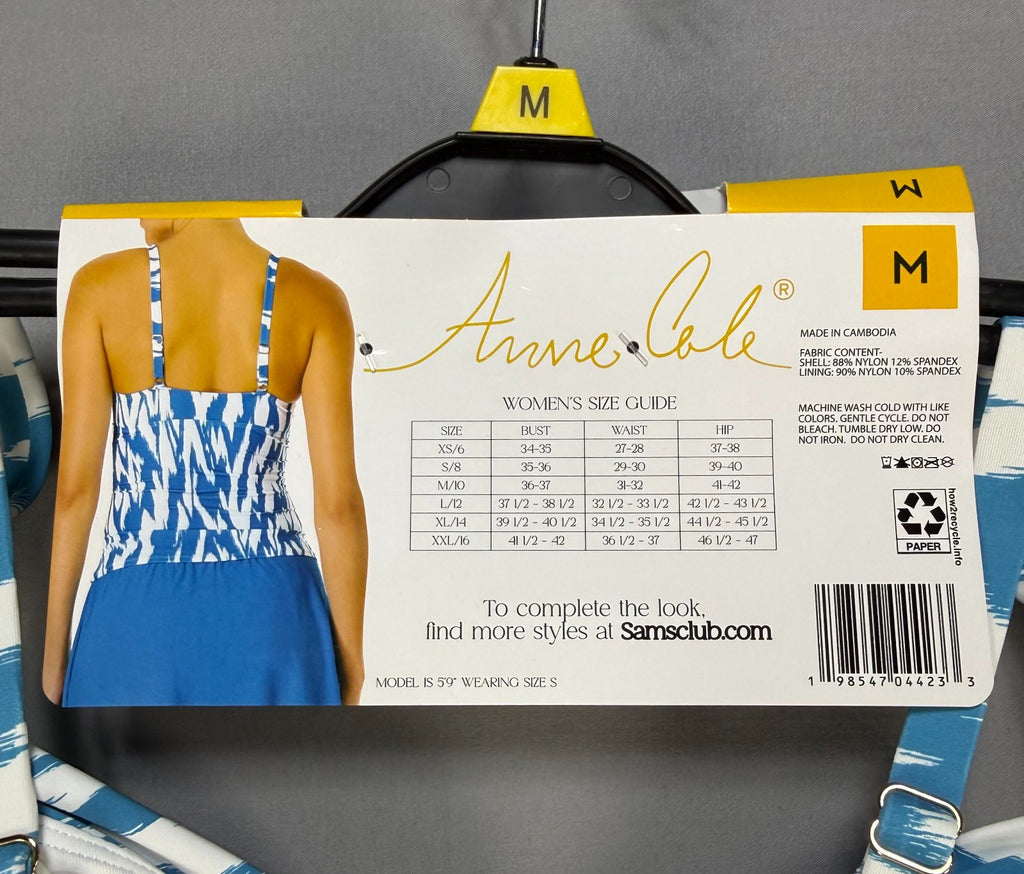 NWT Anne Cole Ruched Bustier One-Piece Swim Top Women's Medium Blue White UPF 50