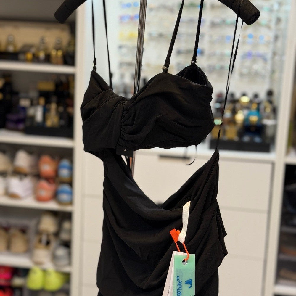 Off-White VI Crepe Drape Strapless Black Dress