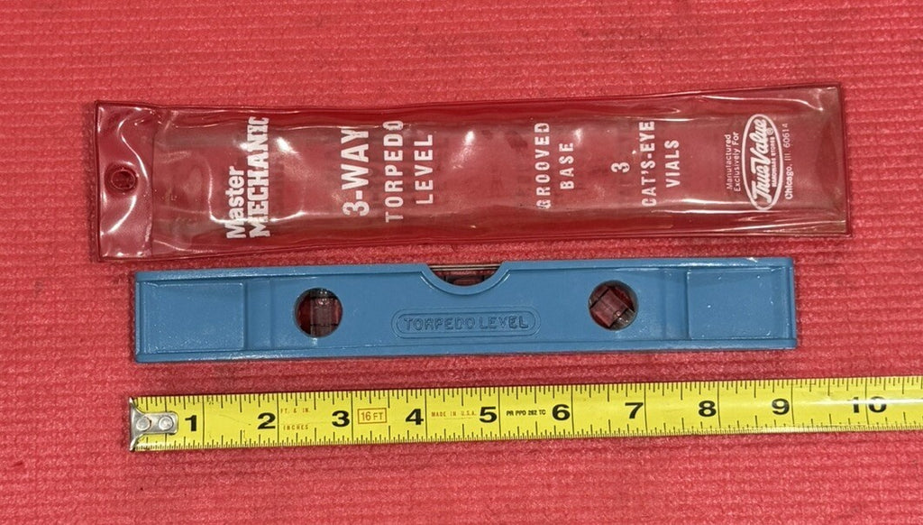 Vintage Master Mechanic NEW 3-Way Torpedo Level Grooved Base Aluminum 9”  W/BAG