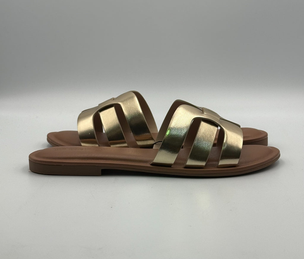 NEW The Drop Monika Sandals Women's 8 Gold Leather Slip-On Flat H-Band Open Toe