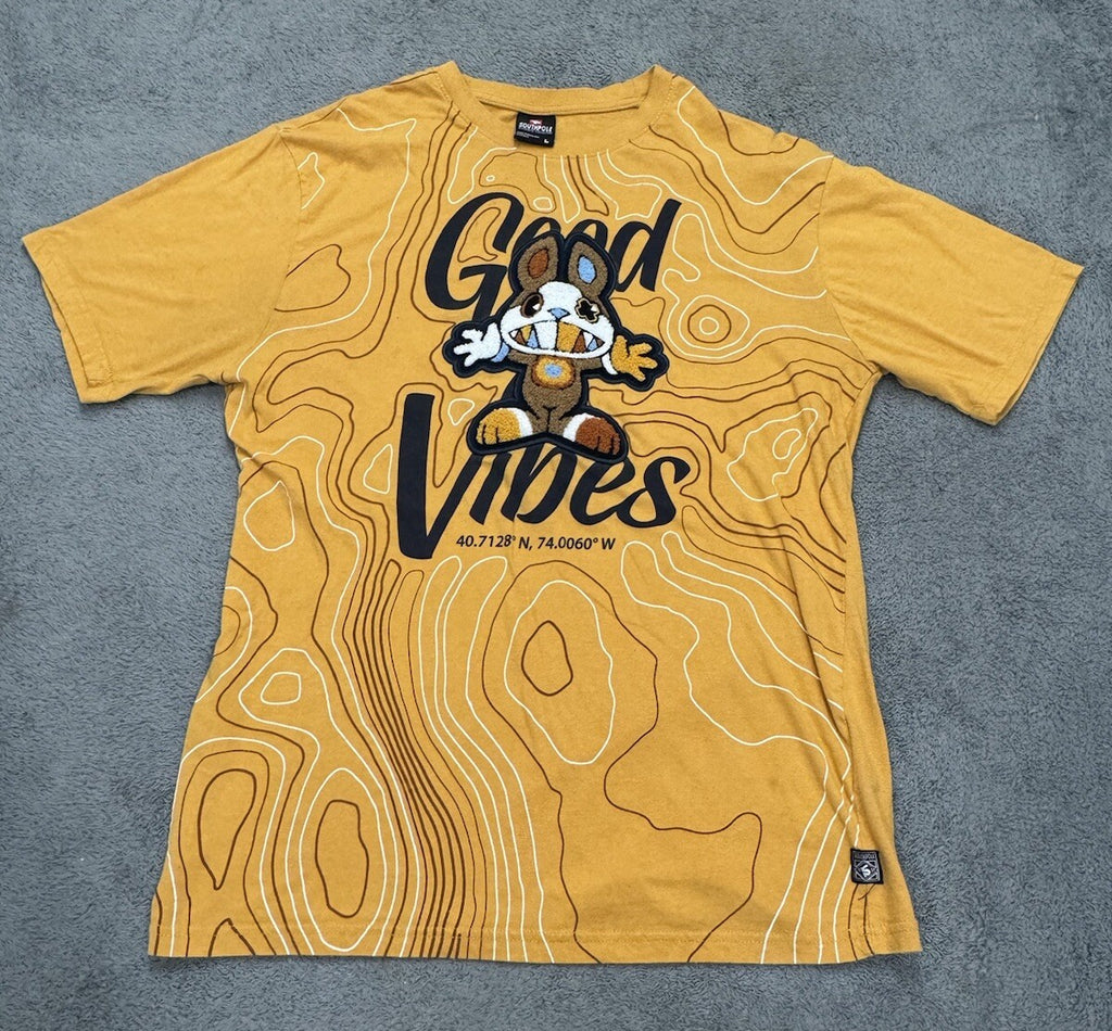 SouthPole Men's Size L Good Vibes Bunny Yellow Large Raised Print T-Shirt