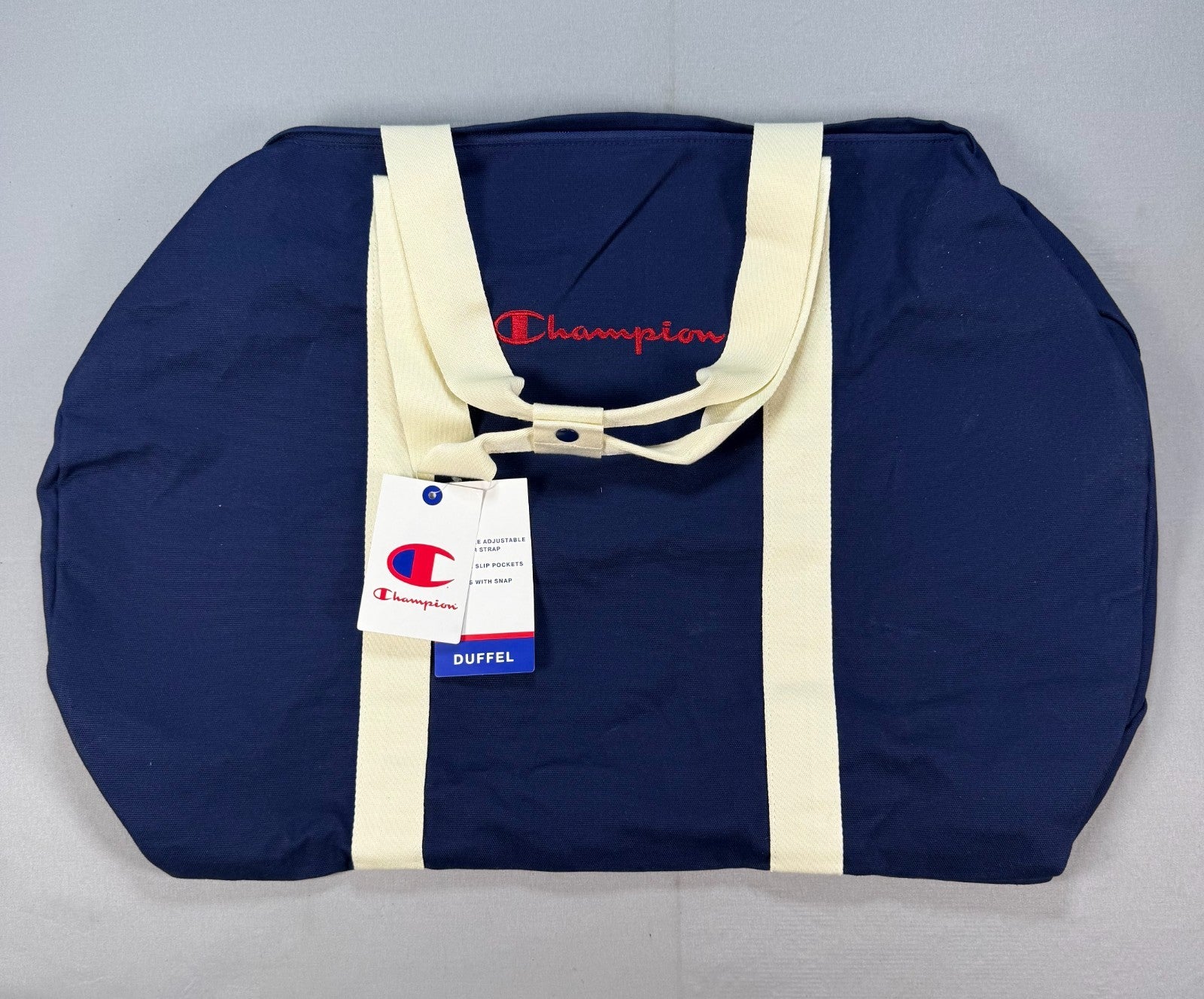 NWT Champion Canvas Duffel Bag Navy Blue Embroidered Logo Travel Weekender Gym