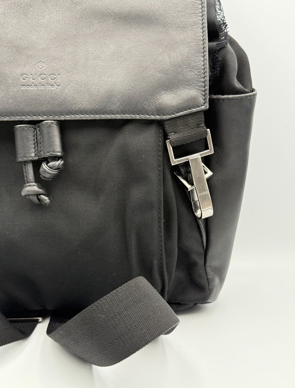 Gucci Backpack Unisex Nylon Leather Black Embossed Logo Flap Drawstring Buckle