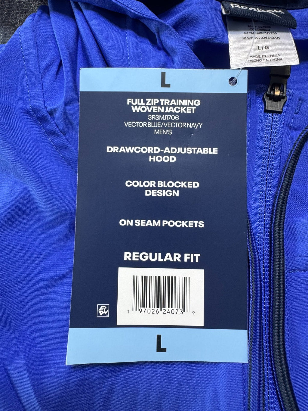 NWT Reebok Full Zip Training Woven Jacket Men's Large Navy Blue Adjustable Hood