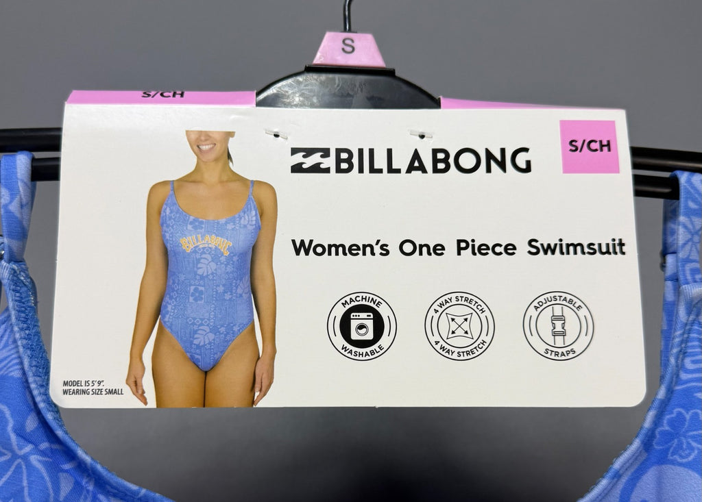 NWT Billabong One-Piece Swimsuit Women's Small Blue Logo Floral Spaghetti Strap