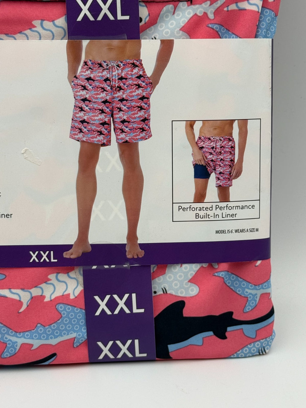 NWT Member's Mark Resort Swim Trunks Mens 2XL Pink Shark Print Drawstring Summer