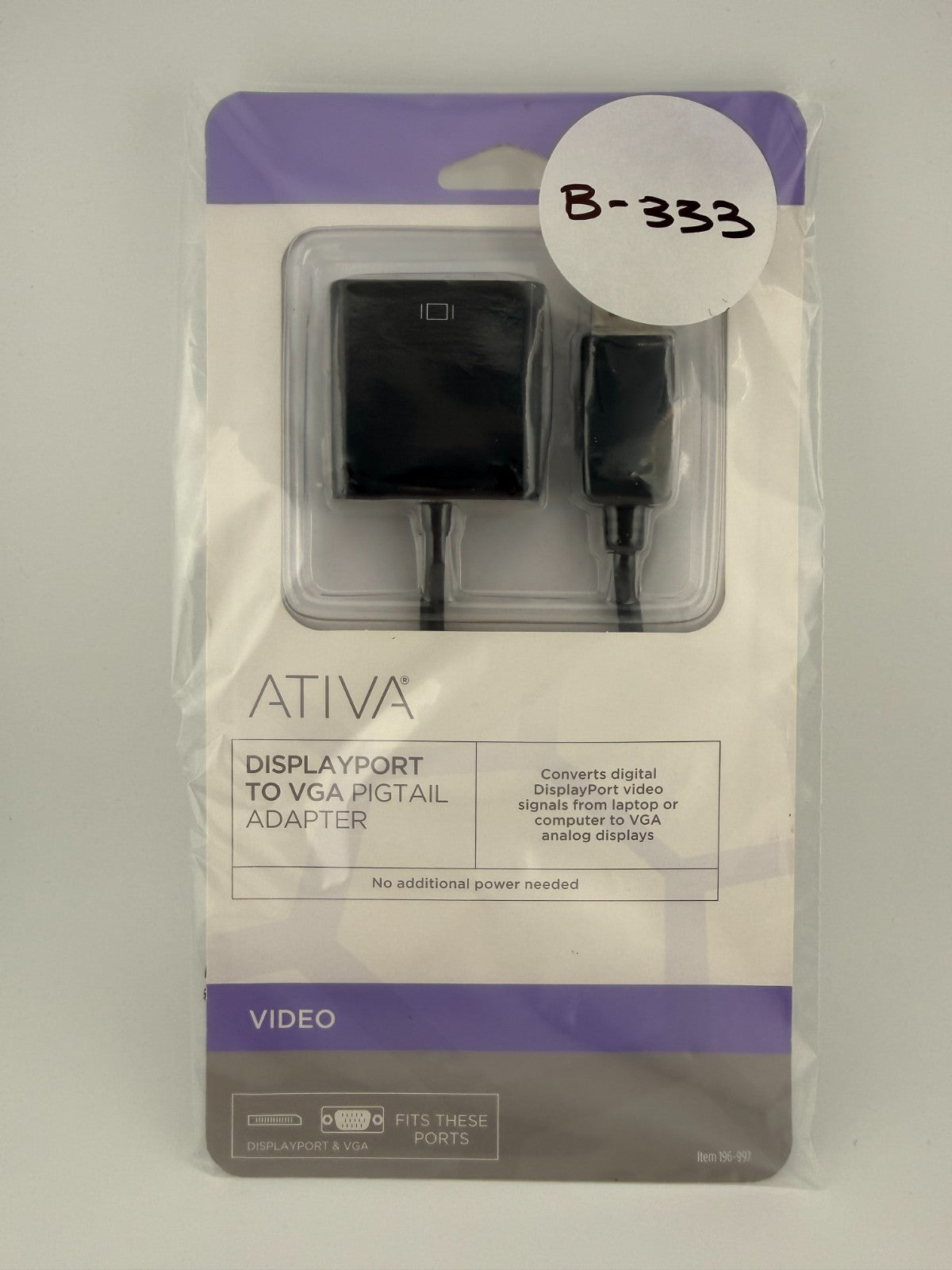 NEW Ativa 36543 Black 6-Inches Universal DisplayPort to VGA Pigtail Adapter